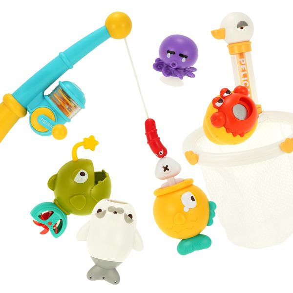 DUCKBOXX XX Fishing Game Bath Toys for Imaginative Interactive Play with Magnetic Rod, Net & Floating Sea Creatures Sprinklers for Kids in Bathtub, Pool & Water Table Mold-Free Anti-Rust (8pcs)