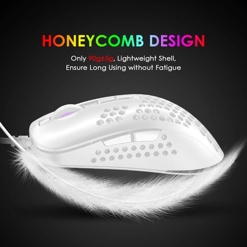 KUIYN 383 Ultralight Wired Gaming Mouse, Lightweight Honeycomb Shell, 4 RGB Breathing Backlit Mice, 4 Adjustable DPI 2400, USB Optical Computer Mice for Win10/XP/Xbox/PS4/PS5/Mac/Air/HP/Acer (White)