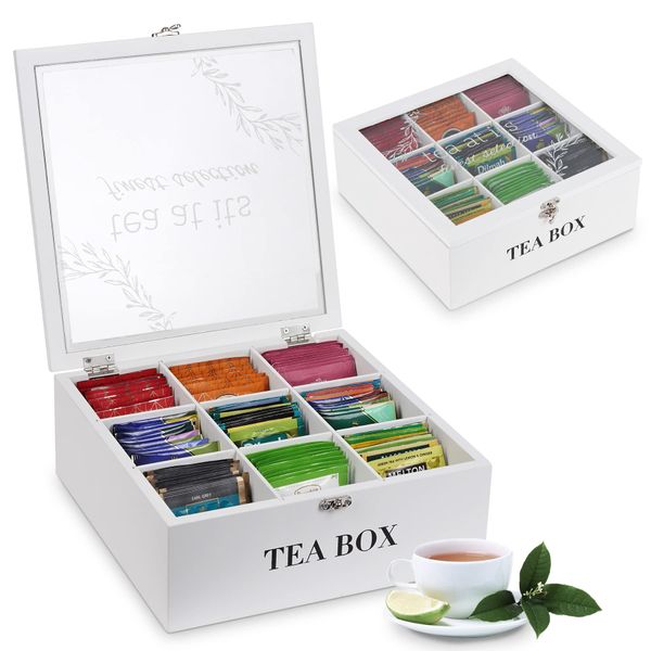 handrong Tea Box Tea Bag Organizer Wooden Tea Bag Holder Modern Tea Caddy Chest with 9 Compartments and Glass Cover for Home Use Christmas Gift