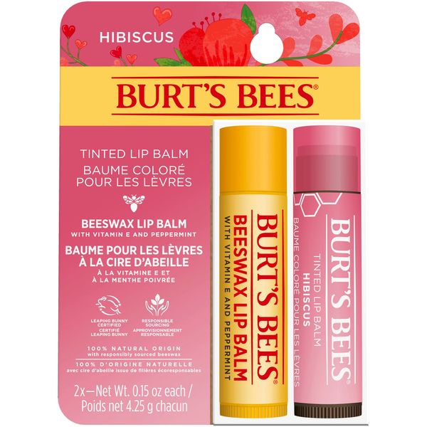 Burt's Bees Lip Balm Multipack, Beeswax Lip Balm & Hibiscus Tinted Lip Balm, Gift Set Value Duo Pack, 2x4.25g