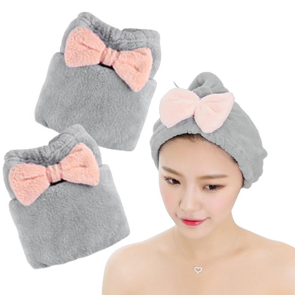 KON Hair Drying Towels, Set of 2, Ribbon, Water Absorbent, Hair Towel Cap, Hair Dryer, Hair Cap, Dry Cap, Hair Turban, Towel Towel, Strong Absorbency, Bathing, Bath Supplies, Pool (Gray + Gray)