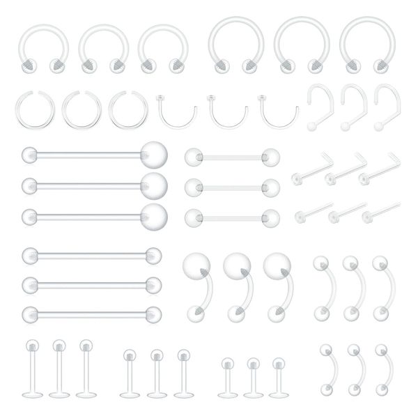 MixPiercing 48 Stück Klare Piercing Retainer aus Kunststoff für Nase Zunge Brustwarze Nippel Bauch Lippen Labret Septum Hoops Ohr Knorpel, Plastik Piercing Platzhalter Schmuck für OP