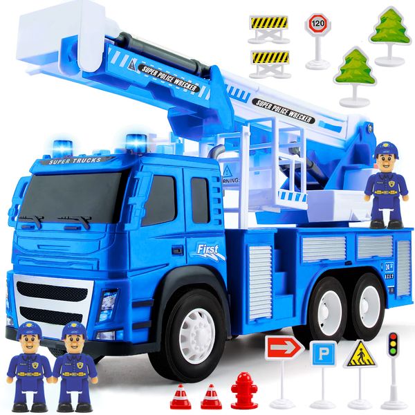 Police Fire Truck Toy - 1:12 Scale Push and Go Realistic Vehicle Playset, 3 Law Enforcement Fire Trucks Action Figure, Extendable Ladder, Accessories w/Lights Sounds for Kids 3 4 5 6 7 8 Year Old