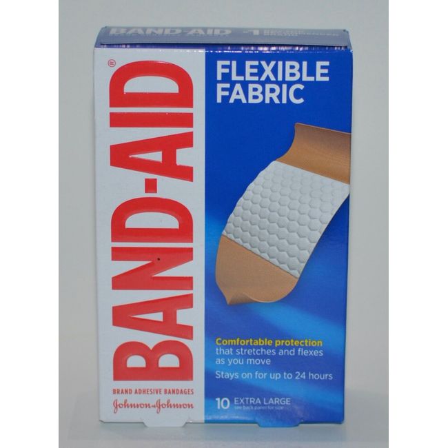 10 EXTRA LARGE BAND-AID BRAND ADHESIVE BANDAGES FLEXIBLE FABRIC BOX COMFORTABLE