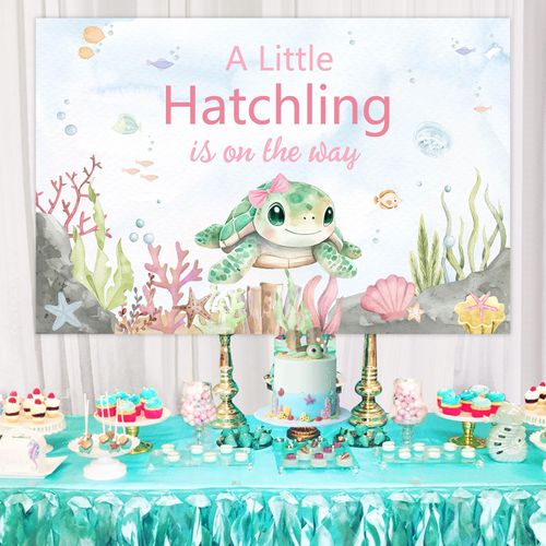 Jollyboom Sea Turtle Baby Shower Decoration Girl, A Little Hatchling is on The Way Backdrop Banner 5×3ft Sea Turtle Background Props for Sea Turtle Under The Sea Ocean Creature Baby Shower Decoration