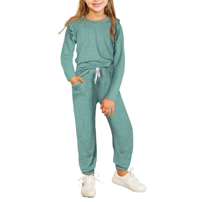 blibean Girl Fall Set Outfit Solid Round Neck Fashion Clthes Long Sleeve Ruffle Shirt Stretchy Pants Cute Tween Clothing Niña Size 8-9 Years Large Green