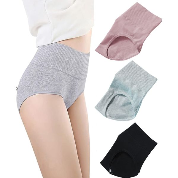 YuHaru High Waist Panties, Women's, Panties, 3-Piece Set, Organic Cotton, Deep, Cool, No Pinching, Cotton Pants, Stretchable, Breathable, Women's Underwear, Type A (Black, Gray, Rose Pink)