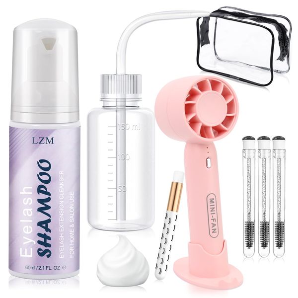 LZM Lash Shampoo Kit Lash Cleaning - Lash Wash Cleaning Kit with Fan for Cluster Lash/Eyelash Extensions/False Lash, Lash Bath, Lash Foam, Lash Soap, Lash Care, Wash Bottle, Sulfate & Oil Free, 60ml