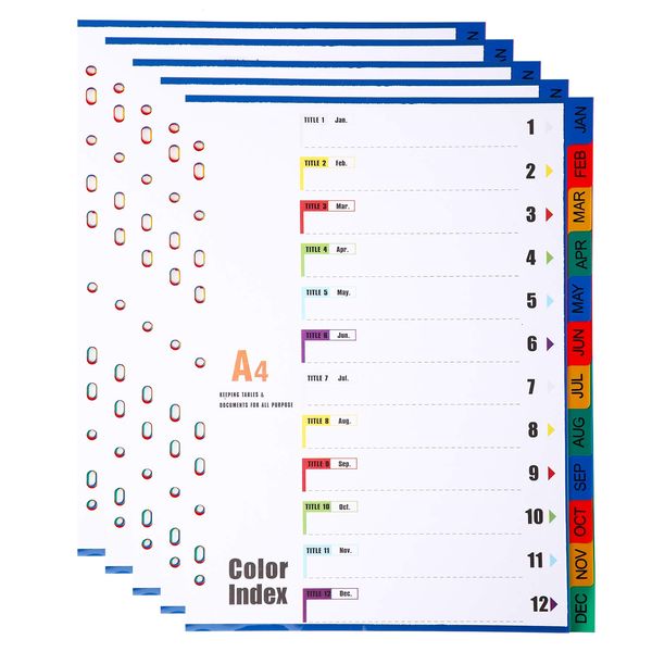 A4 File Dividers 12 Part Index Jan-Dec (5 Pack) A4 Plastic Subject Dividers, Multi-Punched 11-Hole Assorted Colours Month Index Divider Tabs for School Office Home