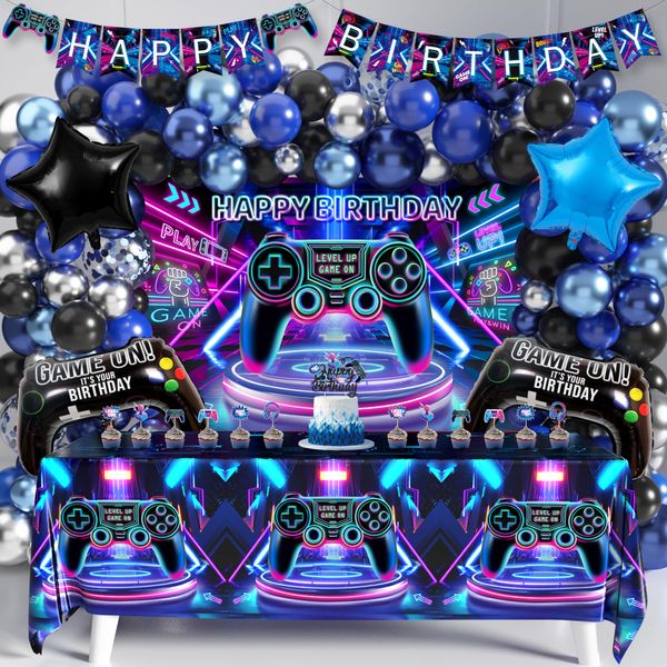 JOPHMO Video Game Birthday Party Decorations for Boy Game Happy Birthday Party Supplies with Happy Birthday Backdrop Banner Gaming Tablecloth Blue Balloon Arch Kit Cake Toppers for Boy Birthday Party