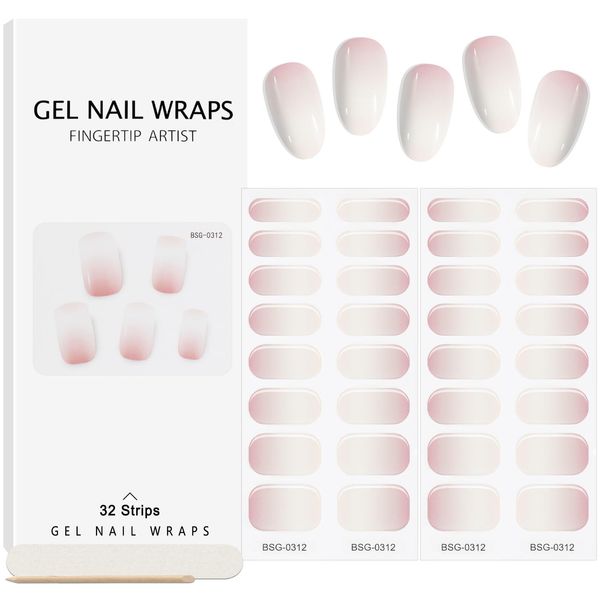 EBANKU 32PCS Cured Gel Nail Strips Real Nail Polish Strips Wraps Long-Lasting Waterproof Gel Nail Polish Wraps Full Wrap Gel Nail Art Stickers UV/LED Lamp Required (Gradient Pink White)