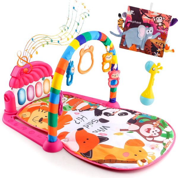 Baby Piano mat Kick and Play Multifunction Gym Play mat,Tummy time mat Fitness Piano,Baby Kicking Toys for feet with Pendant Rattle,Animal Shape Maracas,Playmate for Baby(Pink)