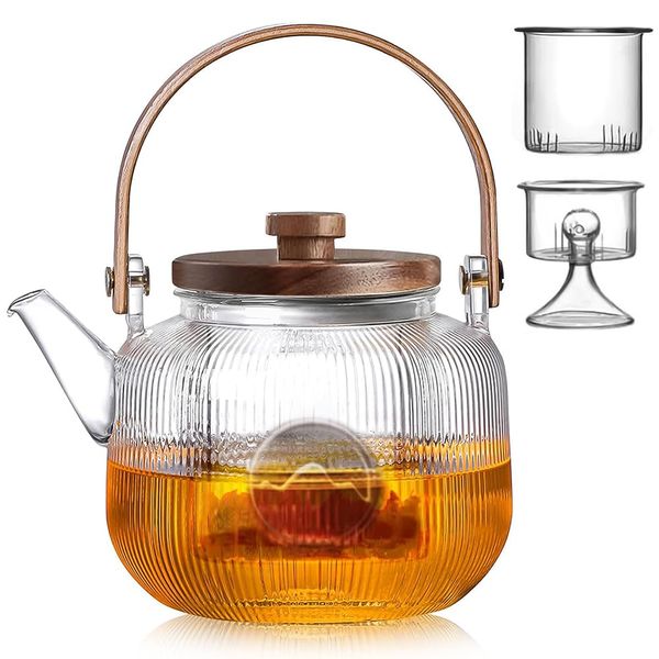 HEKOBAG 900ml Glass Teapot, Borosilicate Glass Tea Pot with 2 Type Removable Infuser & Bamboo Lid, Clear Teapot Stovetop & Microwave Safe, Tea Kettle for Loose Leaf & Blooming Tea, Tea Maker Gift Set