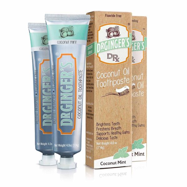 Doctor Ginger's Coconut Oil Toothpaste, All-Natural Oil Pulling & Xylitol for Fresh Breath, Gum Health, Plaque Prevention, and Sensitive Teeth, Fluoride-Free, Coconut Mint Flavor, 4oz, 2ct