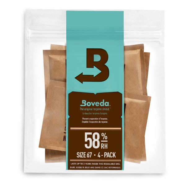 Boveda zur Aufbewahrung von Kräutern | 2-Wege-Feuchtigkeitsregulierung mit 58% relativer Feuchtigkeit | Größe 67 schützt bis zu 450 g Blüten | verhindert den Verlust von Terpenen | 4 Stück
