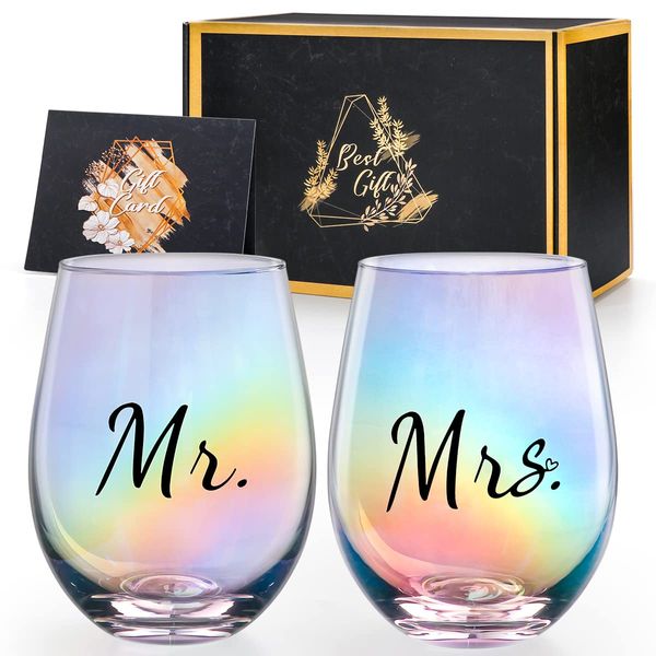 Gutsdoor Mr and Mrs Wine Glasses Set of 2 Iridescent Wine Glasses Stemless, 18.5 Oz Rainbow Wine Glasses Couples Gifts Engagement Gifts Wedding Gifts for Him and Her