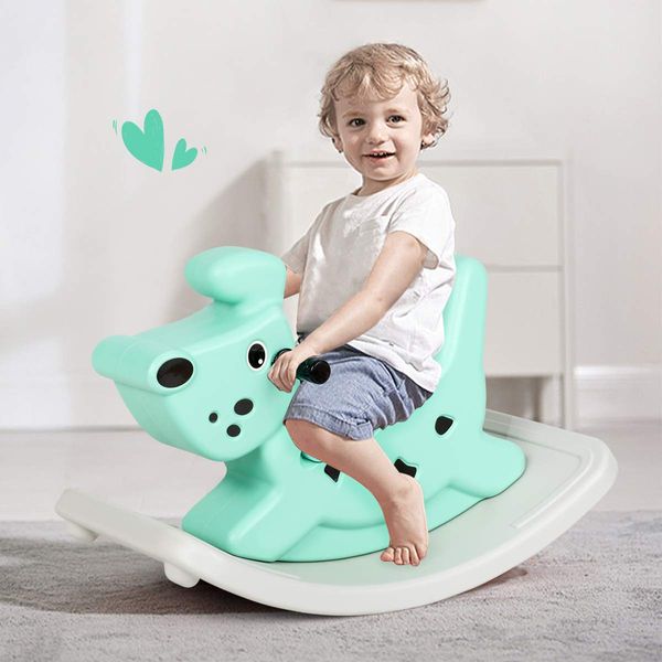 GYMAX Kids Rocking Horse, Toddler Rocker Toy with Widened Base and Flashing Music Box, Indoor Outdoor Baby Rocking Chair for 6-36 Months Item Name (Green)