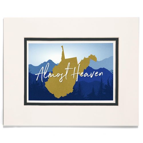 Lantern Press 8x10 Inch Matted Art Print Wall Decor, West Virginia, Almost Heaven, State Silhouette and Mountains, Blue and Gold