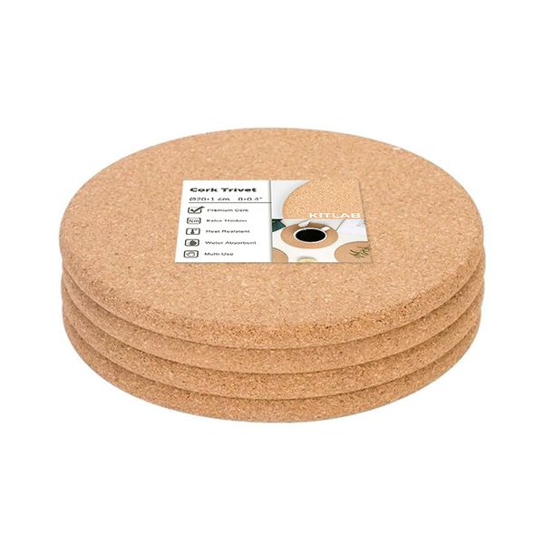 KITLAB Cork Trivet, 4 Pack High Density Thick Cork Coaster Set for Hot Dishes, 8 Inch Heat Resistant Multifunctional Cork Board, Hot Pads for Table & Countertop