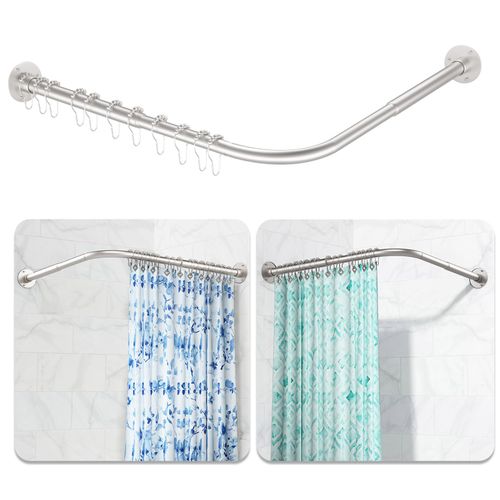 L Shaped Shower Curtain Rod, [24"-51.5"] x [24"-51.5"] Adjustable Corner Shower Curtain Rod No Sagging 90 Degree Curtain Rod with 12 Shower Rings for Bathroom,Silver