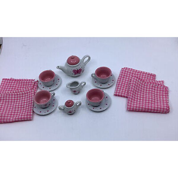 Schylling 18 Pieces Toy Tea Set Ceramic/ Porcelain Butterfly /Pink Flowers