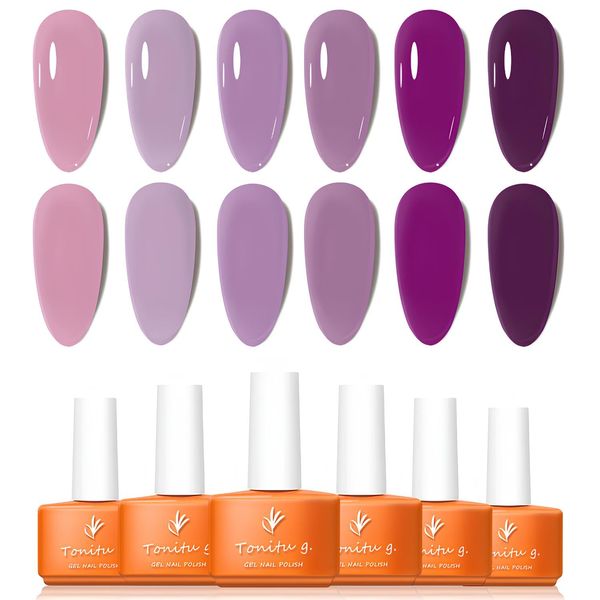 Tonitu G Gel Nail Polish Set 6 Colors Gel Polish Kit, Light Pink Strawberry Lavender Violet Lilac Plum Nail Art Design Soak Off LED at Manicure DIY Home Salon Gifts for Women Girls