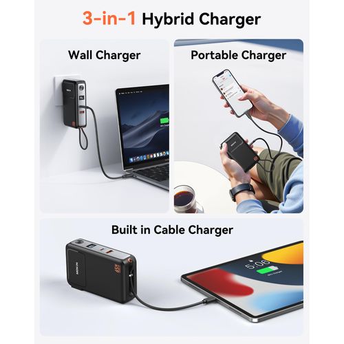 Portable Charger with 65W Wall Charger,10000mAh Power Bank,Built in 2 Outputs & USB-C Cable,Foldable AC Plug, Smart Digital Display, External Battery Pack for iPhone 16/15/14/13/12,Laptop,iPad