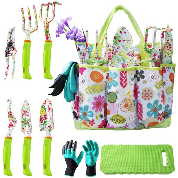 NAYE Garden Tool Set,Cute Gardening Gifts for Women,Birthday Gifts for Mom,Heavy Duty Tool Kit with Gardening Gloves,Garden Tote,Kneeling Pad,Hand Pruner,Trowel,Hand Rake,Weeder,Fork,Transplanter