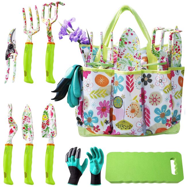 NAYE Garden Tool Set,Cute Gardening Gifts for Women,Birthday Gifts for Mom,Heavy Duty Tool Kit with Gardening Gloves,Garden Tote,Kneeling Pad,Hand Pruner,Trowel,Hand Rake,Weeder,Fork,Transplanter