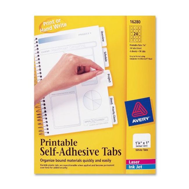 AVERY Printable Repositionable Plastic Tabs, 1.25 Inches, White, 96 per Pack (16280)
