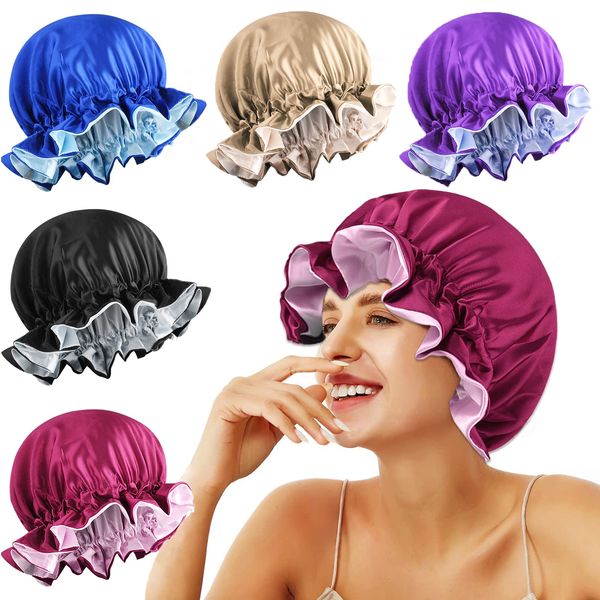 5pcs Satin Bonnet Silk Bonnet for Sleeping, Bonnets for Black Women Hair Bonnet for Sleeping Silk Sleep Cap, Double Layer Adjustable Bonnet for Curly Hair