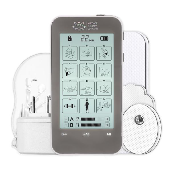 Massage Therapy Concepts TENS Unit and EMS Combination Muscle Stimulator with 2 Channels, 12 Modes for Pain Management for Back, Neck, Arms, Legs, Abs, and Muscle Rehabilitation