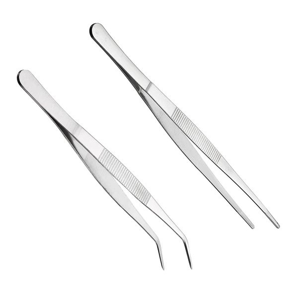 Bent Tweezers Blunt Tweezers, 14cm/5.5in Stainless Steel Professional Non-Slip Short Straight Tweezers, Small Angled Tweezers Set for Aquatic Pets, Corals, Crafting Cooking Repairing(2Pcs)