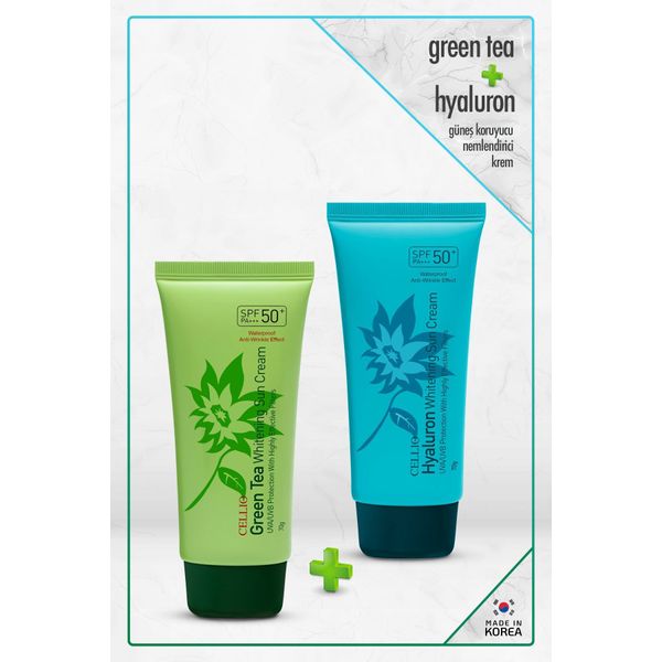 2'li Güneş kremi, Green Tea + Hyaluron içeren Güneş Koruyucu nemlendirici krem Spf50 Pa Uva/uvb