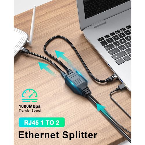 Duttek Ethernet Splitter 1 to 2 High Speed 1000Mbps, RJ45 Network Male to Dual Female Ethernet Adapter Splitter Cable with Power USB2.0 Cable 40cm for Cat7/Cat6/Cat5.(Simultaneously Internet)