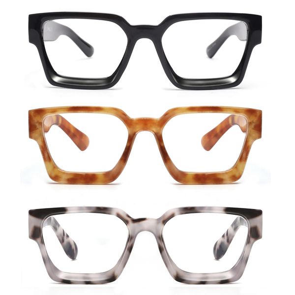 JM 3 Pack Square Reading Glasses, Blue Light Blocking Computer Reader for women men +2.25
