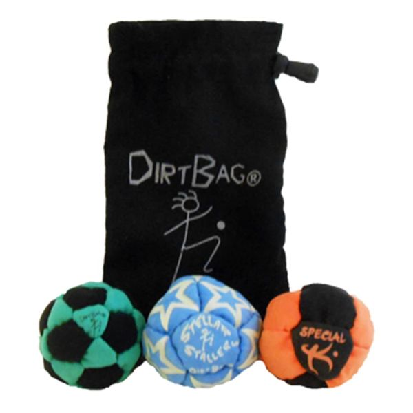 Dirtbag Medley Footbag 3-Pack with Pouch, 100% Handmade, Premium Quality, Bright Vivid Colors, Signature Carry Bag - Green/Black