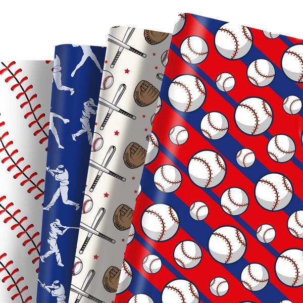 Jajajuegos Baseball Wrapping Paper Set 12 Sheets Baseball Gloves Gift Wrapping Paper 4 Design Blue and White Baseball Wrapping Paper for Baseball Birthday Baby Shower Holiday DIY Crafts 20'' x 27''