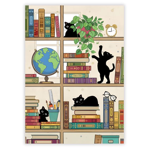 Bug Art Bookcase Kitties: Black Cats on Shelves Blank Note Card