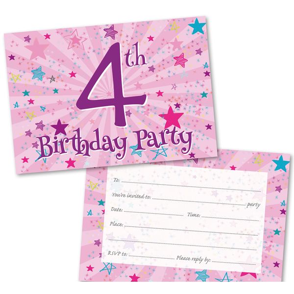 Age 4 Party Invitations Kids. Pack of 36. Pink Starburst themed invitation with matching envelopes. 120 x 172mm. Party Invites, Birthday Party Invitations. Designed and Printed in UK.