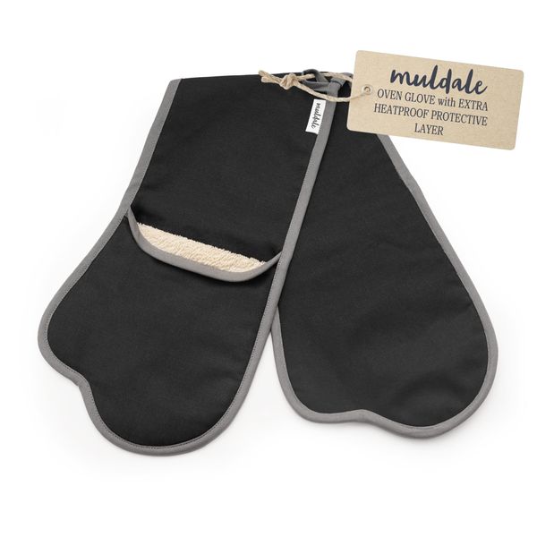 Muldale Black Double Oven Gloves Heat Resistant Insulated - Aga Oven Gloves with Thumbs and Insulating Terry Towelling Interior - Oven Mitts for Kitchen