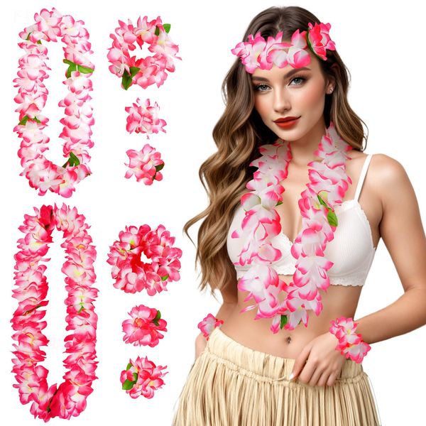 DOCILA 8 Pcs Pink Hawaiian Flower Leis Women Men Tropical Floral Leis Crown Hawaii Luaus Party Flower Garland Bracelet Set May Day Leis Headbands Summer Beach Graduation Party Favors Accessories