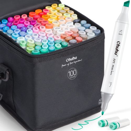 Ohuhu Alcohol Markers Double Tipped Art Marker Set for Artists Adults Coloring Sketch Illustration - Chisel & Fine Dual Tips - 100 Colors - Oahu Series of Ohuhu Markers - Refillable Ink