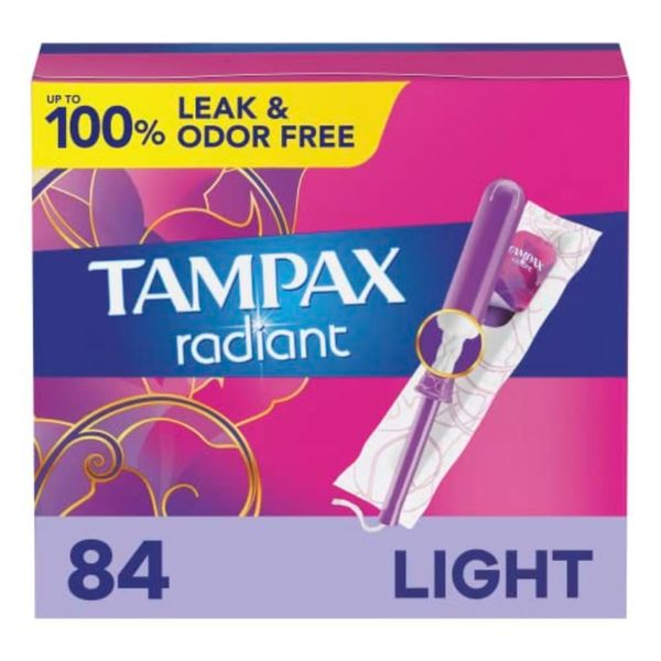 Tampax Radiant Tampons Multipack, Regular/Super Absorbency, with Leakguard Braid, Unscented, 28 Count x 3 Packs (84 Count Total)