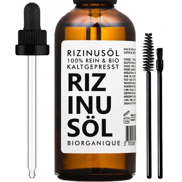 Rizinusöl BIO | 100% rein, natürlich und kaltgepresst | Pflege für Nägel, Wimpern, Haut, Bart| 50 ml | Vegan & Cruelty Free | BIO Castor Oil | Glasflasche + Pipette + 2 Pinsel (50ml - Französisch)