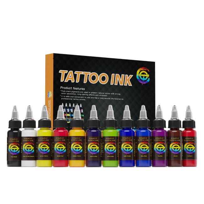 hxqicai 12 Colors Tattoo Ink Set, Tattoo Ink 1oz (30 ml) Bottle for 3D Makeup Beauty Skin Body Art, Tattoo Inks Pigment Kit for Tattoo Supplies