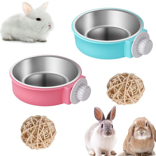 Rabbit Bowls Set, Big Pet Bunny Food Bowls Small Animals Cage Bowl and Stainless Steel Hanging Water Food Feeder Bowls for Big Bunny Food Dish