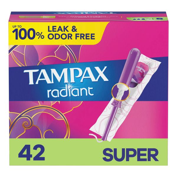 Tampax Radiant Tampons Super Absorbency with BPA-Free Plastic Applicator and LeakGuard Braid, Unscented, 42 Count