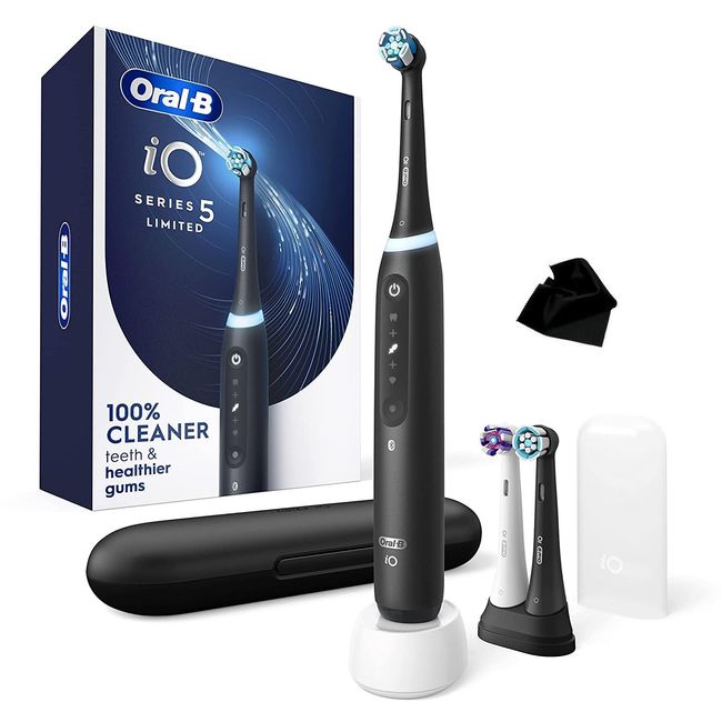 Oral-B iO Series 5 Limited Edition Electric Toothbrush with 3 Brush Heads, Smart Display, Ultimate Clean, Ultimate White, Pressure Sensor, Rechargeable, Black, with Microfiber Cleaning Cloth