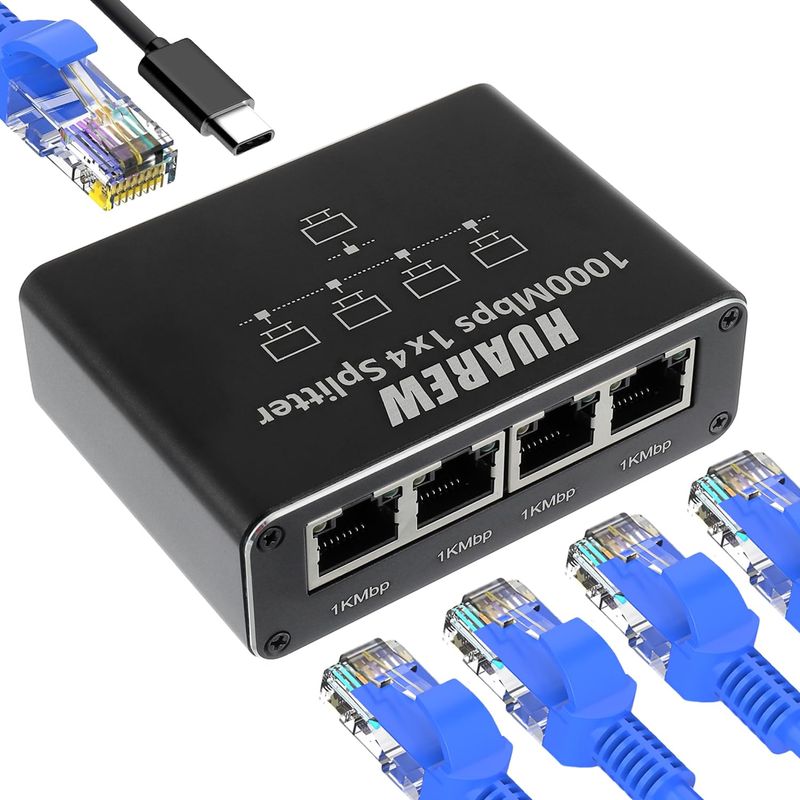 HUAREW LAN Splitter 1 to 4, Network Switch 1 to 4, 1000Mbps Aluminium ...